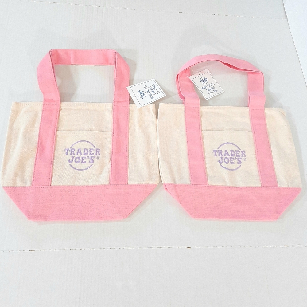 Trader Joe's Mini Pastel Canvas Tote Bags Pink New with Tags,  Set of 2